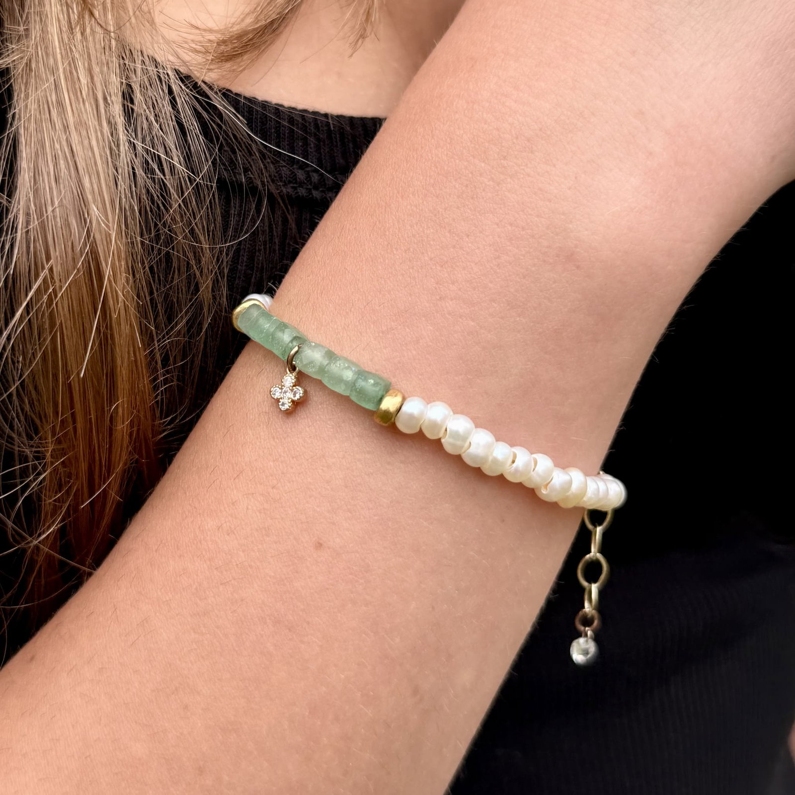 The Haven Pearl Bracelet – Aventurine & Cross | Handmade in California