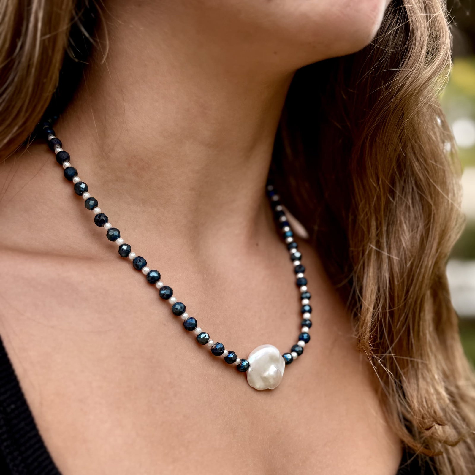 The Capri Pearl Necklace – Blue Iris Druzy & Keshi Pearl | Handmade in California