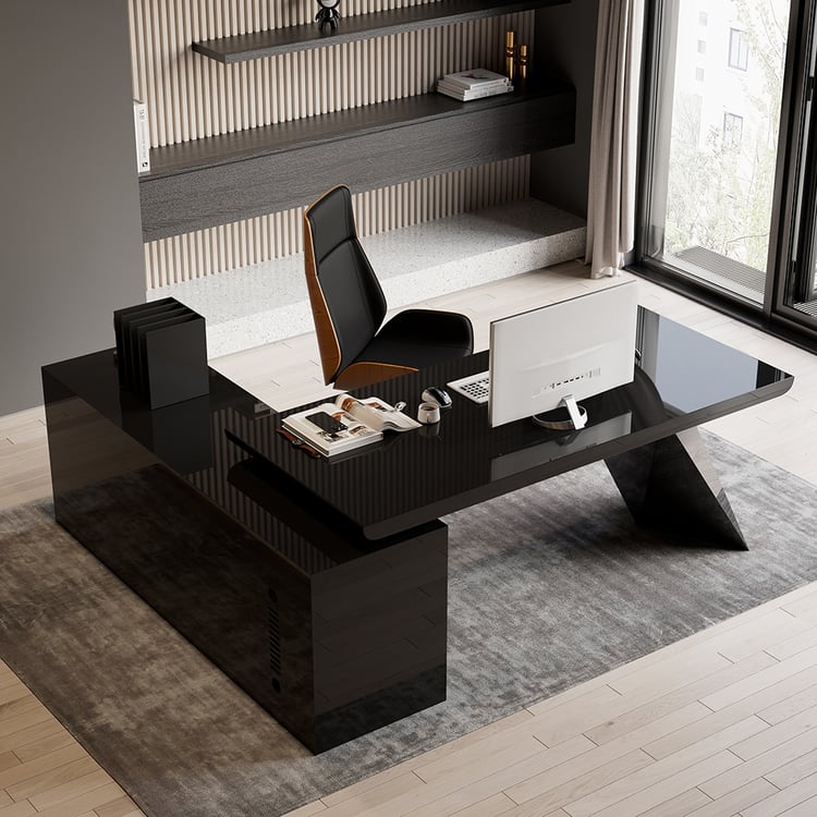 Modern Black L-Shape Executive Desk with Drawers & Cabinet Right Hand (70.9")
