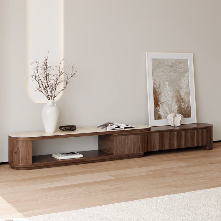 Velar 71"-114" Extendable Fluted TV Stand with Sintered Stone Top & 3 Drawers