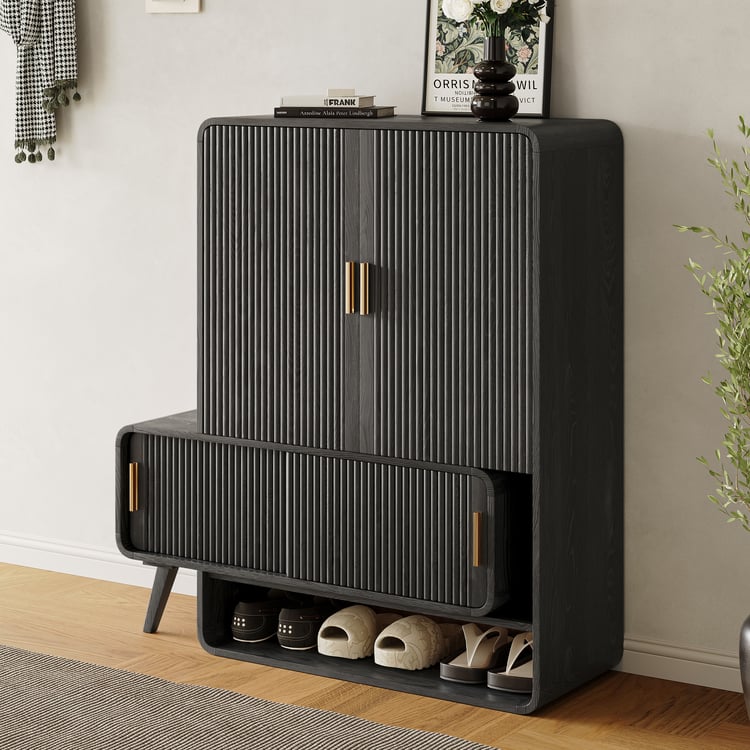 37" Ash Wood Veneer Shoe Storage Fluted Entryway Cabinet, Left Hand