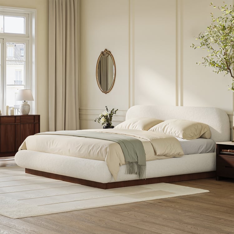Rivo Modern Boucle Upholstered Bed with Charging Station & Fluted Base