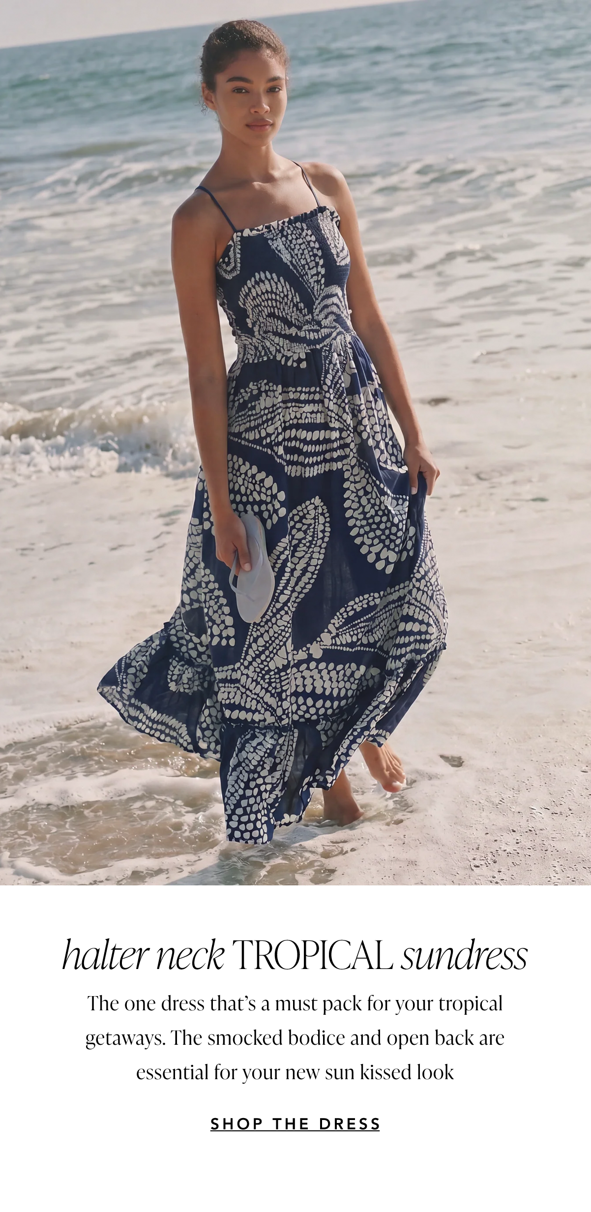 Halterneck Smocked Tropical Floral Maxi Sun Dress