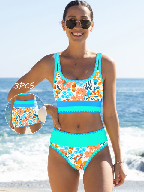 3-Piece Colorblock Bikini Set with Skirt