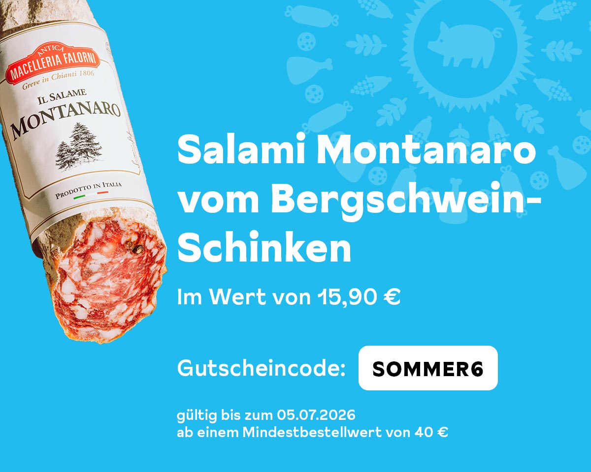 Gratis-gustini-verand Geschenk: Salami Montanaro vom Bergschwein, Gutschein-Code: SOMMER6, gültig bis 05.07.2026 ab 40 € Mindestbestellwert.