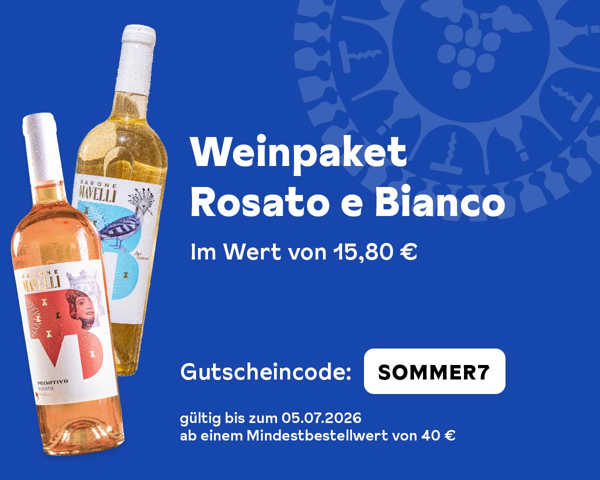 Gratis-Gustini-versand Geschenk: Weinpaket Rosato e Bianco (2 Flaschen je 0,75l), Gutschein-Code: SOMMER7, gültig bis 05.07.2026 ab 40 € Mindestbestellwert.