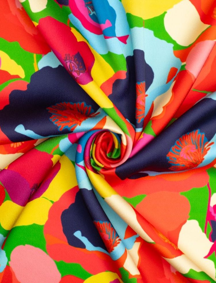 Minerva Exclusive Positively Poppies Recycled Crepe Back Satin POD Fabric Harvest