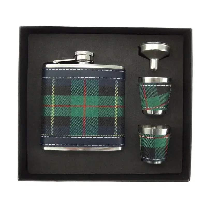 Image of Men's Scottish Tartan Hip Flask Gift Set, Green