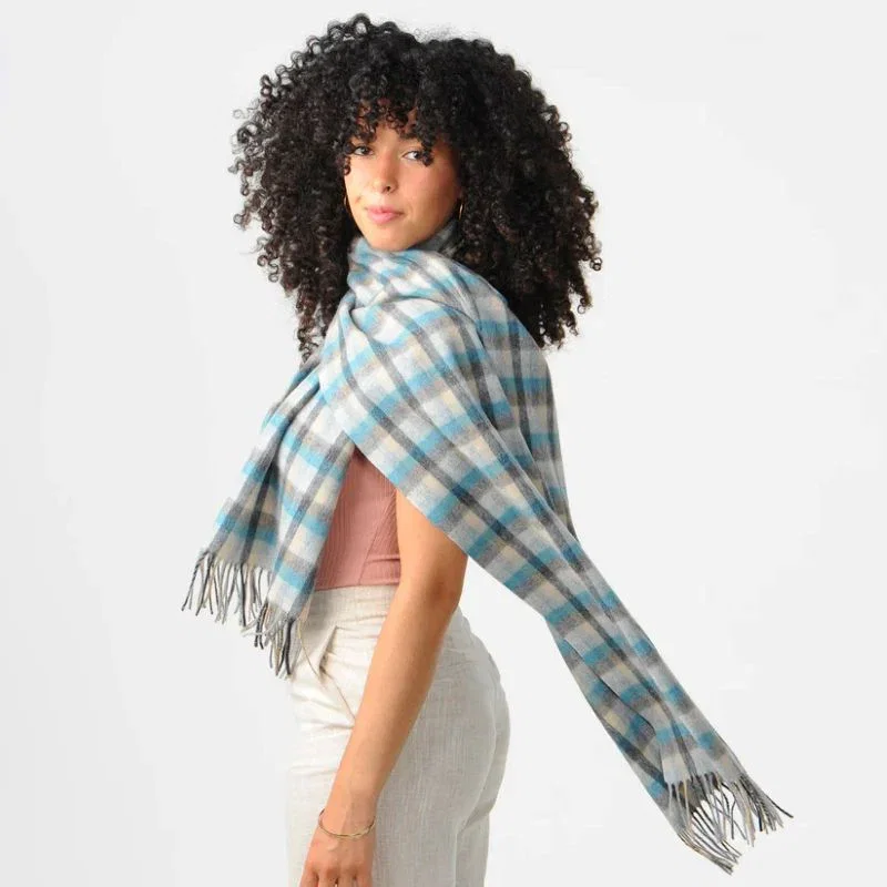 Image of Scottish Tartan Lambswool Fringed Scarf, Blue-Cream