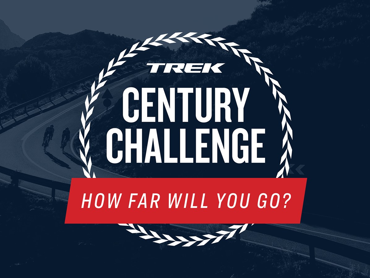 Trek Century Challenge logo with the words, 'How far will you go?' overlaying an image of cyclists wearing helmets while riding bikes on paved road with trees and mountains in background