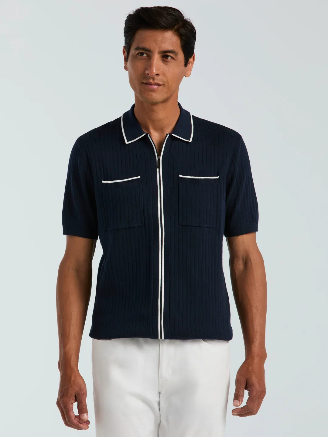 Cotton Tipped Ribbed Full Zip Sweater Polo Cotton Tipped Ribbed Full Zip Sweater Polo