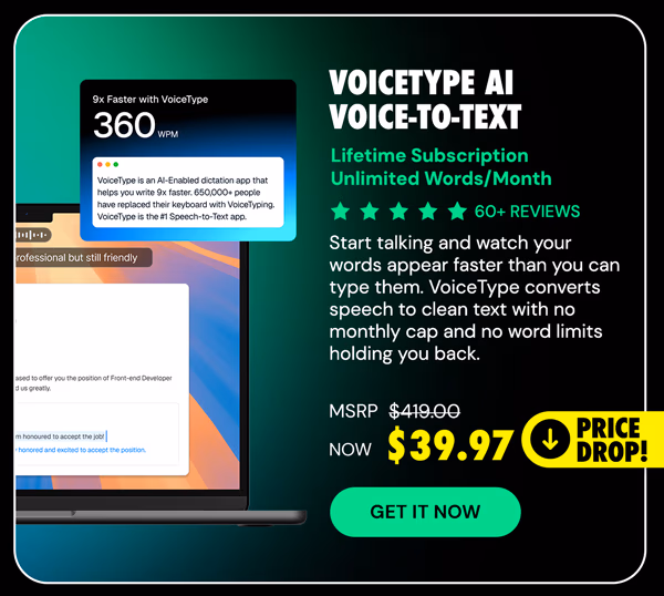 VoiceType AI Voice-to-Text: Lifetime Subscription (Unlimited Words/Month)