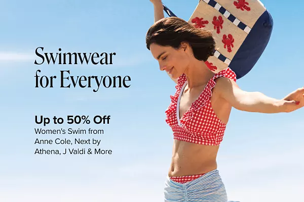 Swimwear for everyone. Up to 50% off womens swim from Anne Cole, Next by Athena, J Valdi and more. Shop now. A woman in a red and white checkered bikini.
