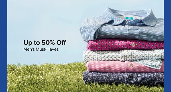 50% off men’s must haves. Shop now. Five folded collared shirts.