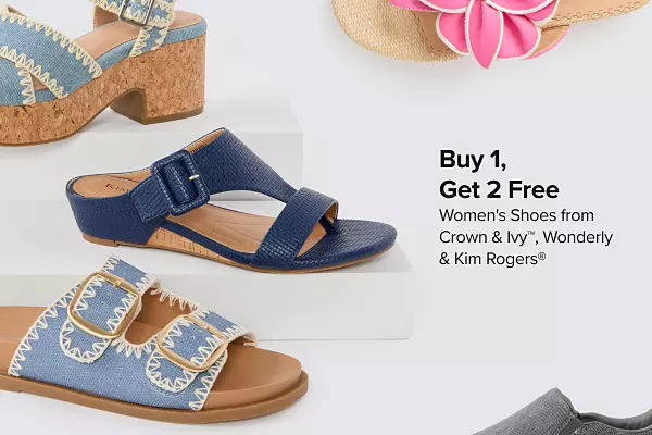 Buy one, get two free womens shoes from Crown and Ivy, Wonderly and Kim Rogers. Shop now. Three different pairs of sandals.
