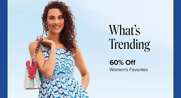 What’s trending. 60% off womens favorites. Shop now. A woman in a blue and white dress.
