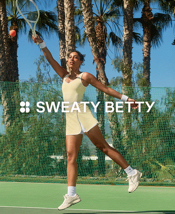 Woman playing tennis wearing Sweaty Betty Tennis Skort & Vest in Butterscotch Yellow White