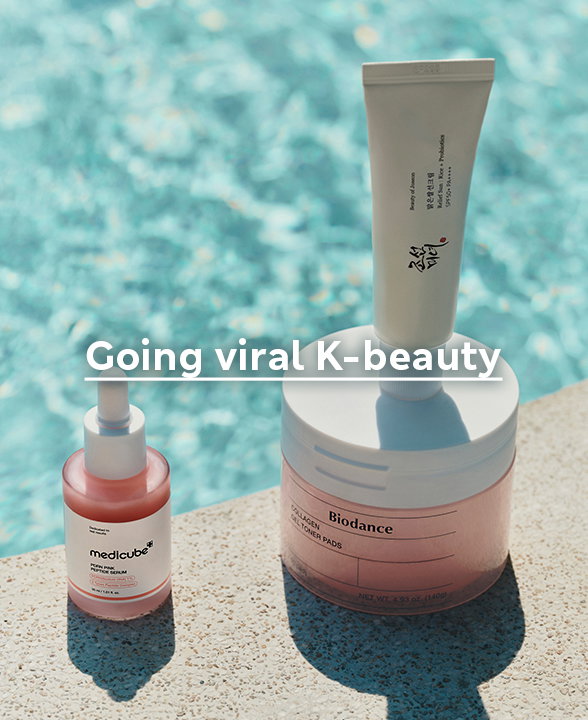 Biodance Collagen Gel Toner Pads, Beauty of Joseon Relief Sun Rice Probiotics SPF50+ and Medicube PDRN Pink Peptide Serum by a Swimming Pool 