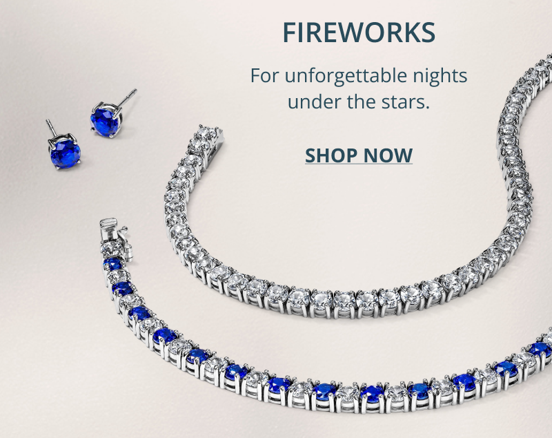 Blue gemstone stud earrings  and diamond tennis necklaces. Fireworks. For unforgettable nights under the stars. Click shop now.