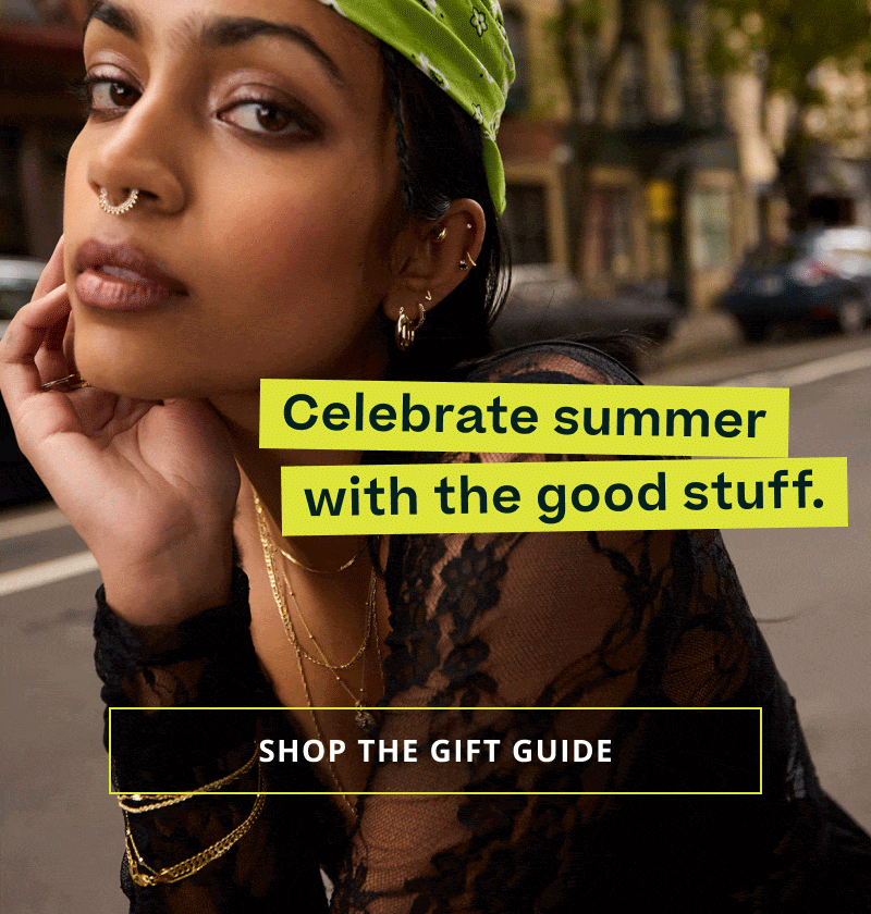 Rotating images of female & male wearing thick gold & diamond layers. Celebrate summer. Click here to shop the gift guide