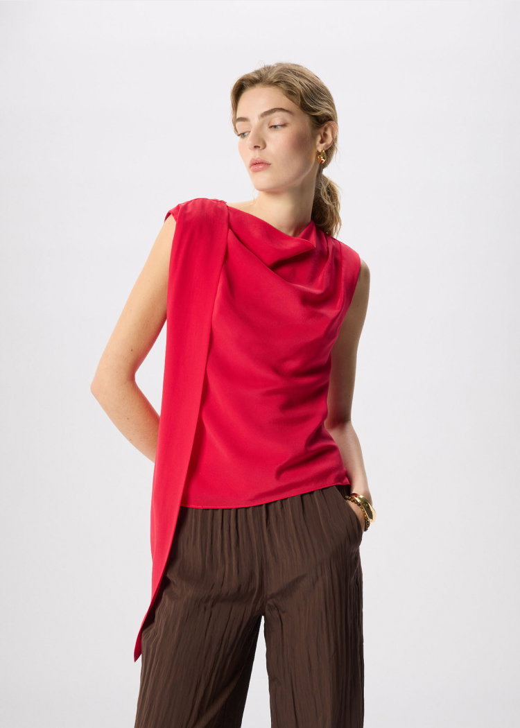 Red Cowl Neck Silk Drape Top