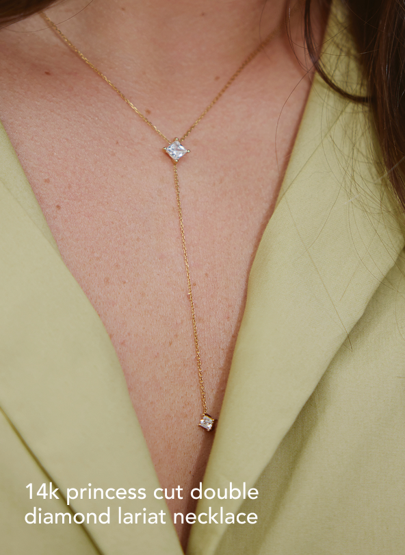 14K Princess Cut Double Diamond Lariat Necklace