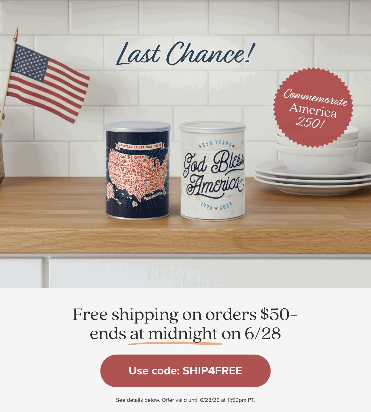 Free shipping on order $50+ ends at midnight (6/28)! Use Code: SHIP4FREE