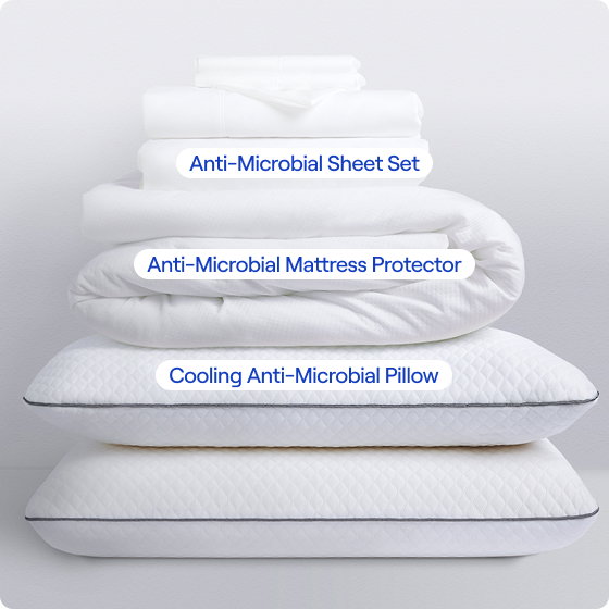 Bedding Bundle includes: Anti-Microbial Sheet Set, Anti-Microbial Mattress Protector & Cooling Anti-Microbial Pillow(s)