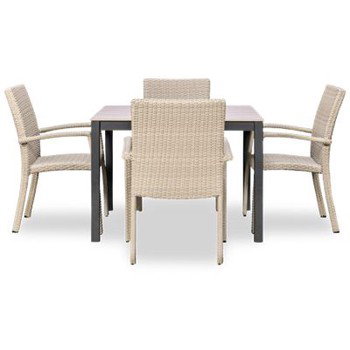 Sydney 5 Piece Dining Set - 41"" Square Table - Durable Durabond Top - Aluminum Base - 4 Stylish Stacking Chairs - Classic Woven Wicker Design