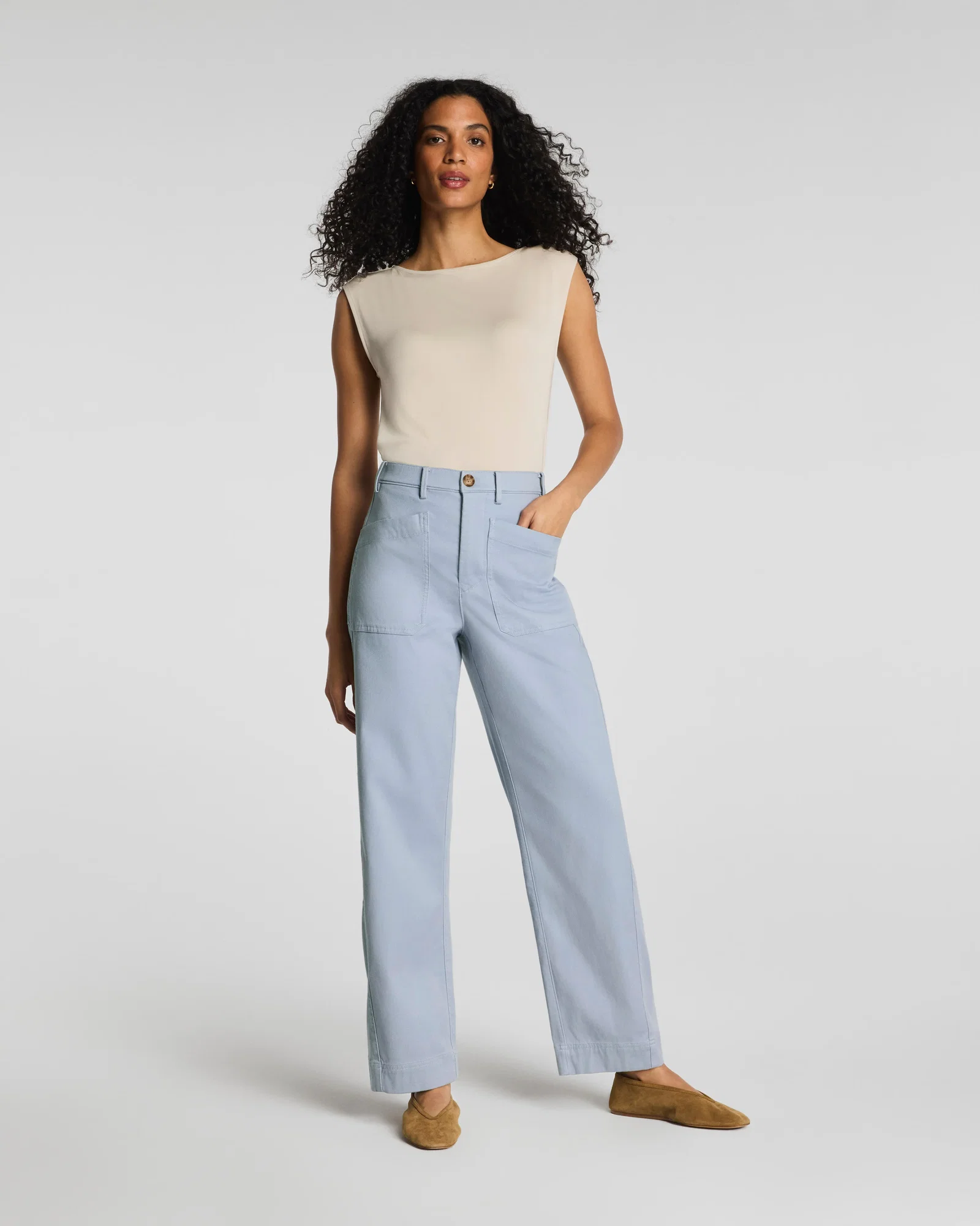 Image of Spanx Women's SPANXsupersmooth® Stretch Twill Utility Barrel Leg Pants with Patch Pockets in Himalayan Cloud