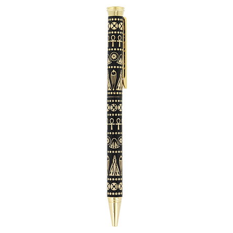 Rollerball pen with a brass barrel and gold-plated pattern inspired by ancient Egyptian hieroglyphs. - Shop Now.