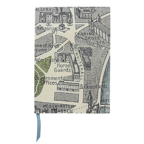 Silk-bound notebook featuring an illustrated map of London in shades of grey, blue and green. - Shop Now.