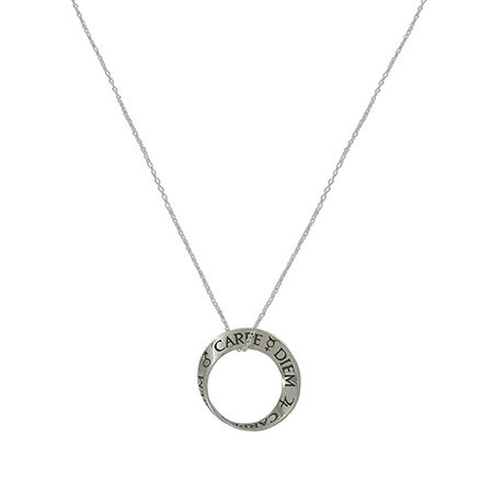 Sterling silver necklace with a pendant inscribed with the Latin phrase Carpe Diem. - Shop Now.