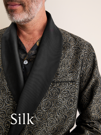 Men's Silk Jacquard Smoking Jacket in Black Rose
