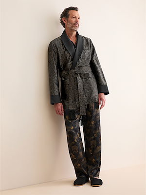 Men's Silk Jacquard Smoking Jacket in Black Rose