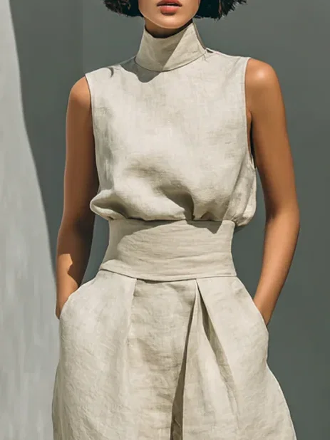 Image of Cotton Casual Plain Bow Stand Collar Tank Top