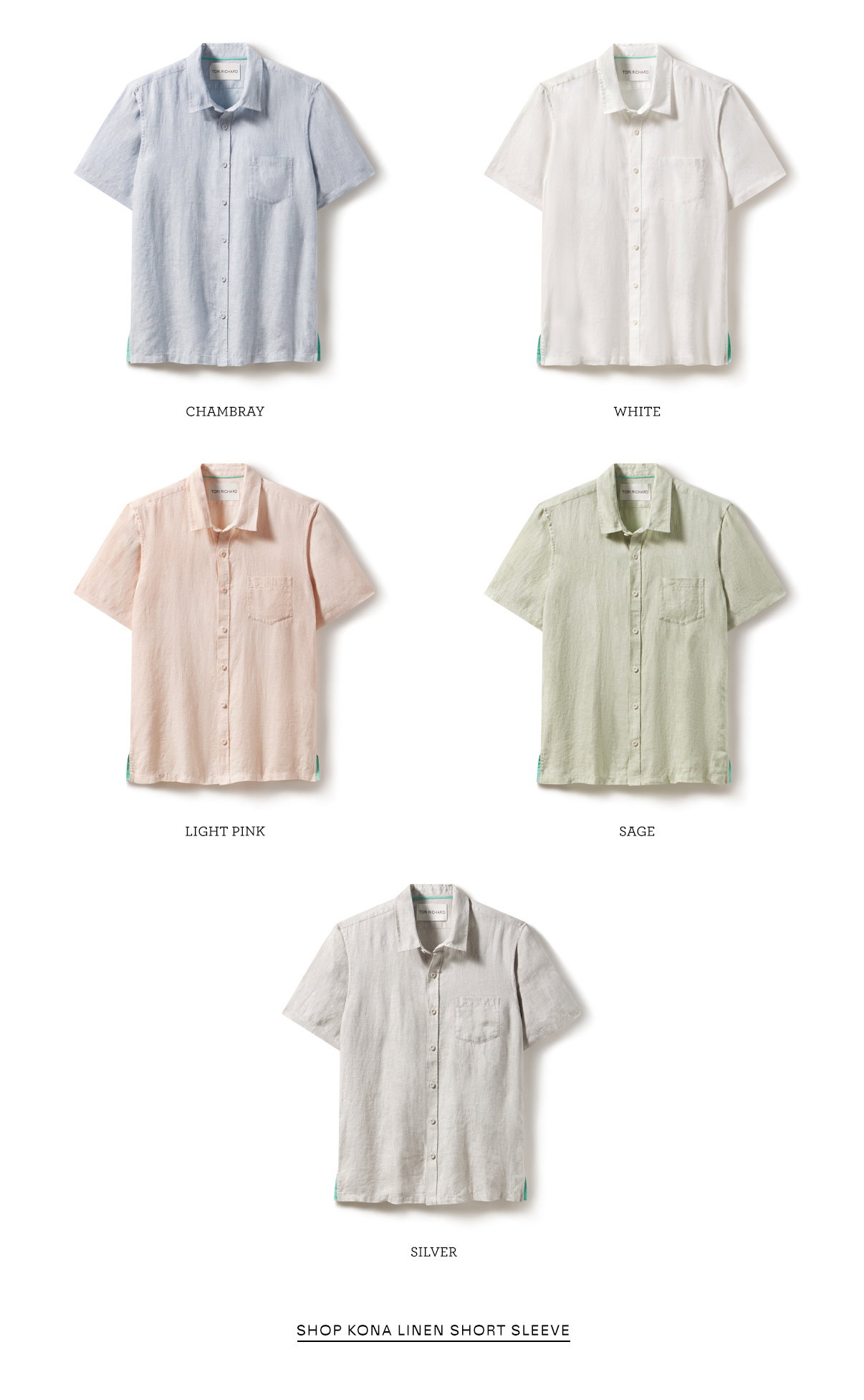 Shop Kona Short Sleeve in Chambray, White, Light Pink, Sage or Silver.