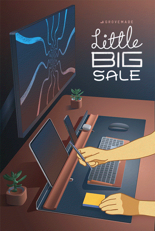 Animation showing hands working at the Grovemade Studio Pad, with the display rail holding both an iPad Pro and an iPhone.
