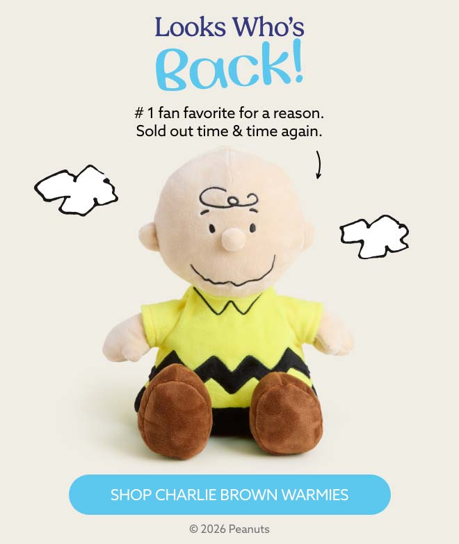 Charlie Brown Warmies on a beige background. Shop Now.