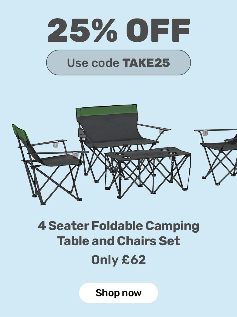 25% off with code TAKE5. 4 Seater Foldable Camping Table and Chairs Set. Only £62 - shop now