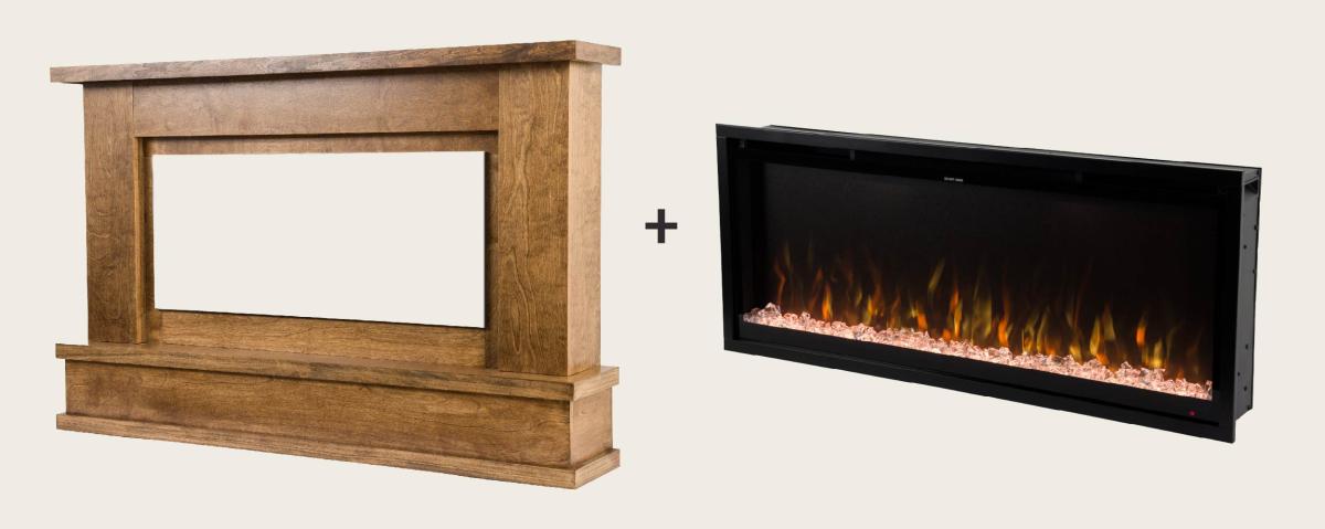 Wooden fireplace mantel and electric insert combo.