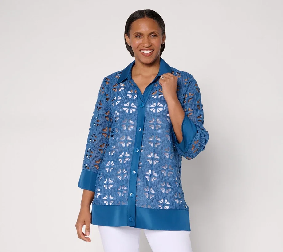 Dennis Basso Petite Button Front Crochet Tunic