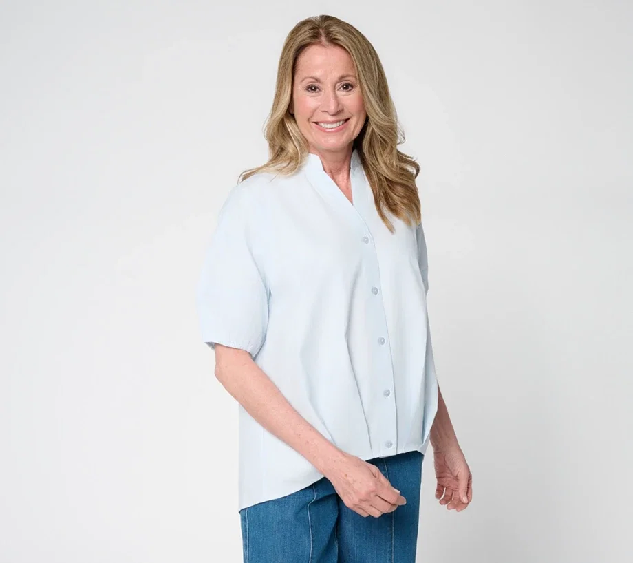 LOGO by Lori Goldstein Bubble Hem Button Front Shirt