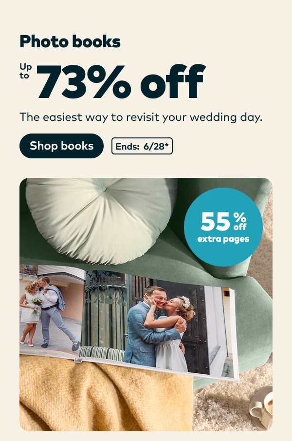 Up to 73% off photo books. 55% off extra pages. Ends: 6/28, see site for details. Shop books.