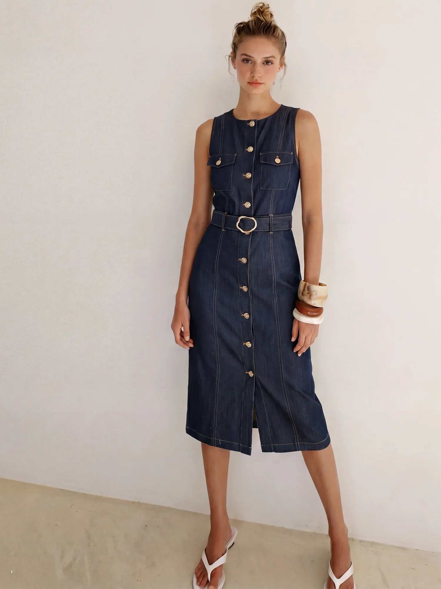 Image of Sleeveless Button-Down Stretch Sheath Midi Dress
