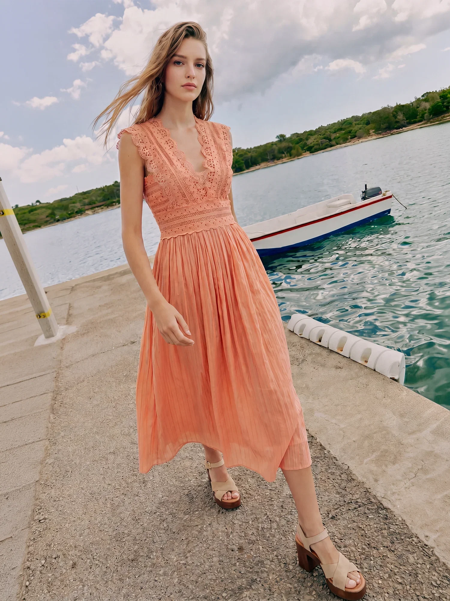 Image of Sleeveless Lace Boho A-Line Midi Dress