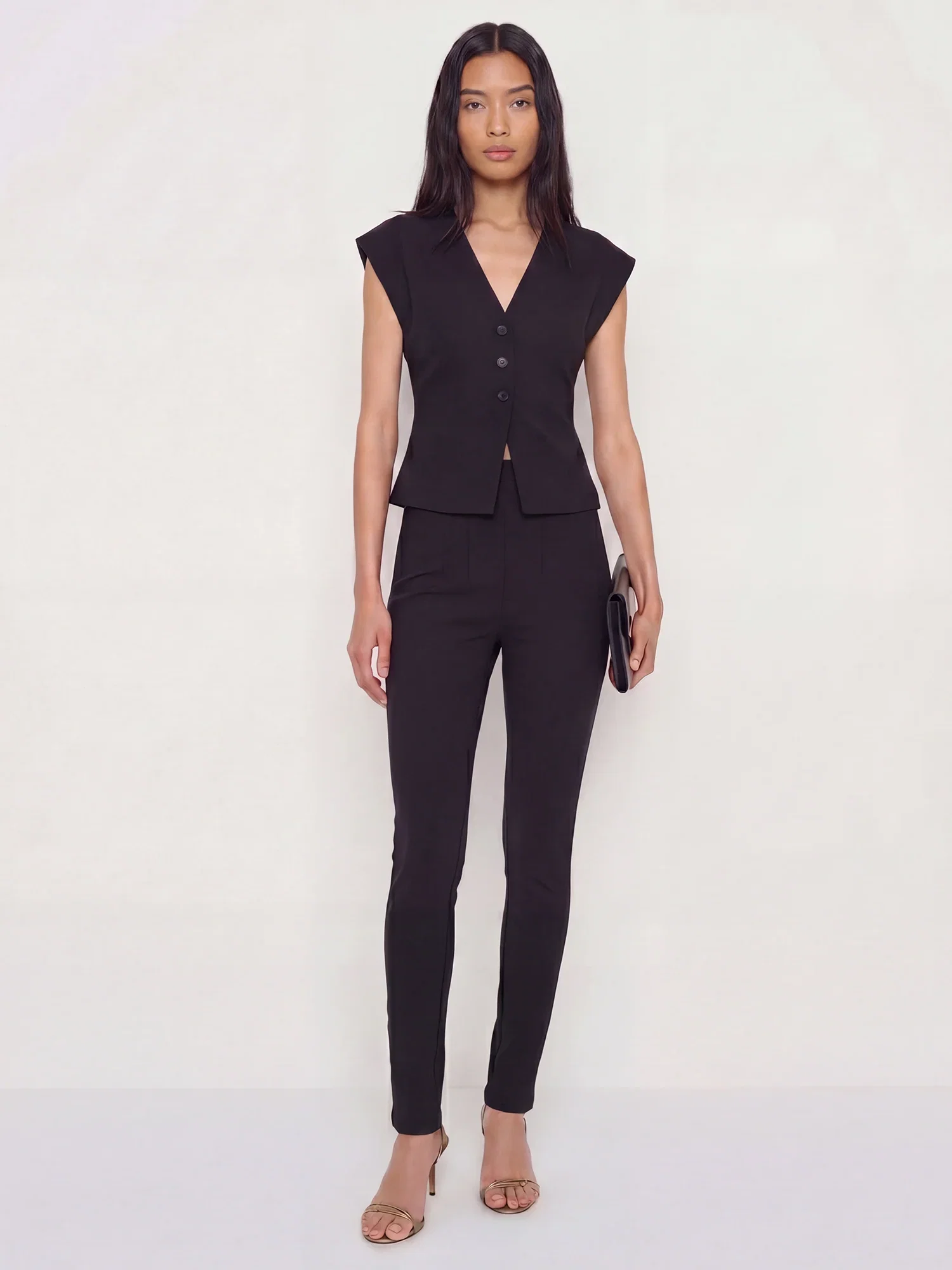 Image of High Waisted Fitted Skinny Ponte Pants with Button Details