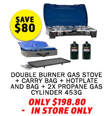 Double Burner Gas Stove + Double Burner Carry Bag + Hotplate and Bag + 2x Propane Gas Cylinder 453G