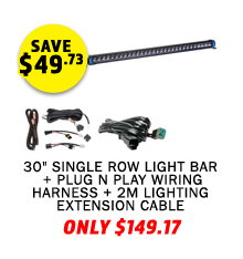 30 Single Row Light Bar + Plug N Play Wiring Harness + 2m Lighting Extension Cable