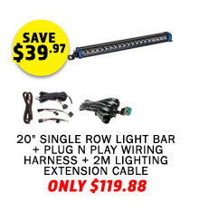 20 Single Row Light Bar + Plug N Play Wiring Harness + 2m Lighting Extension Cable
